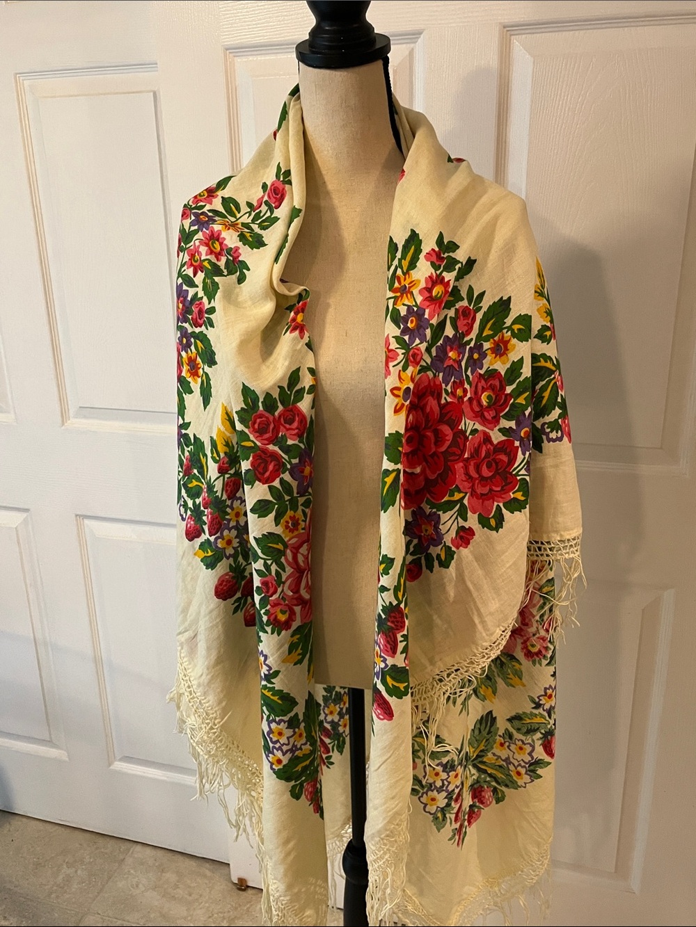 Floral Fringe Cream Shawl Scarf with Red and Green Bouquet, 60 inches square,